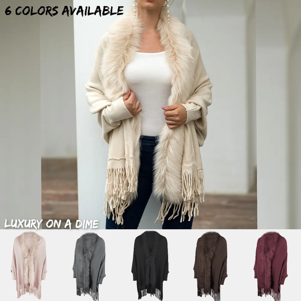 Plush Faux Fur Retro Fringe Hem Open Front Knit Poncho Knit Cardigan 6 Colors